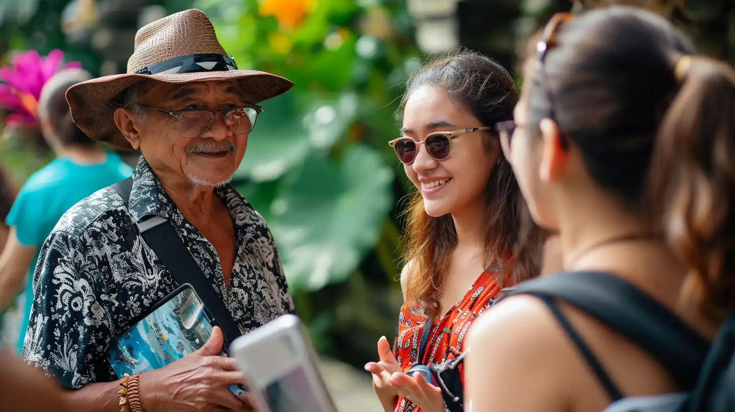indonesians talking with tourists on bali